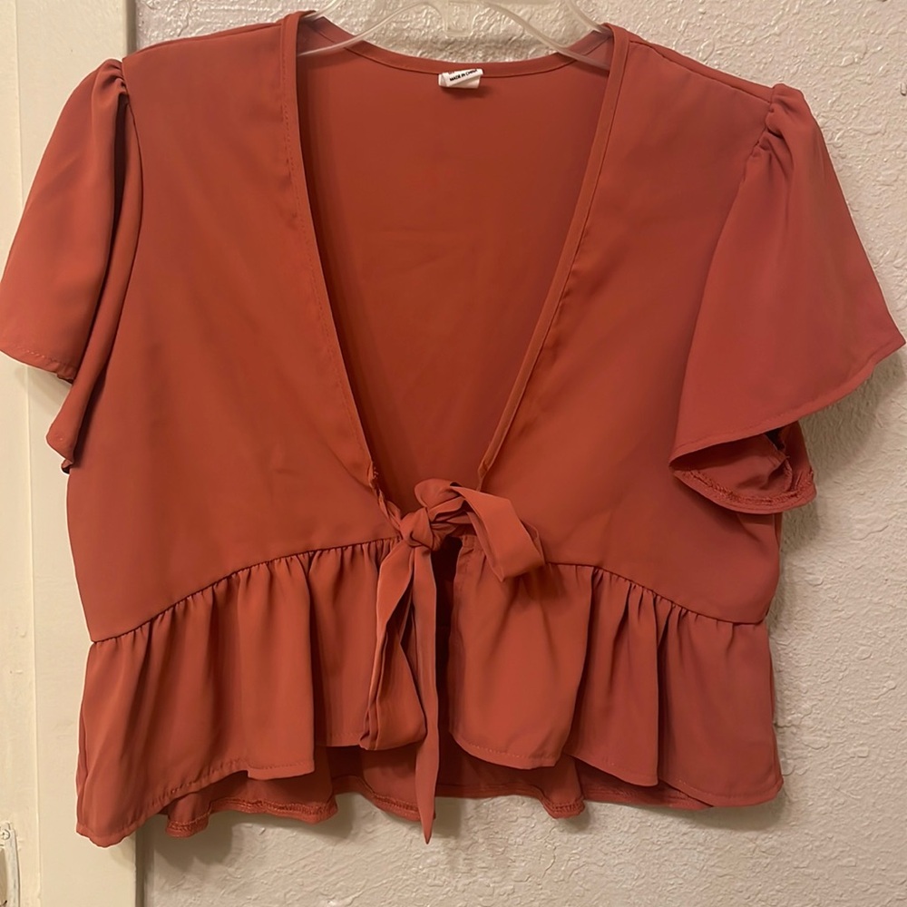 Burnt Orange Cropped Tie-Front Top - Picture 1 of 10